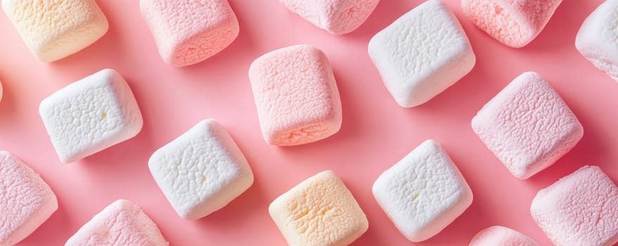 Soft pastel marshmallows on a pink background, top view. Sweet confectionery and candy concept.