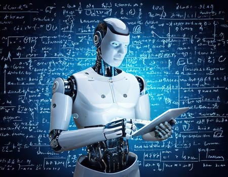 AI's Endless Pursuit of Knowledge.A humanoid robot, surrounded by complex mathematical equations and symbols, is engrossed in a tablet. This captivating image symbolizes AI's insatiable thirst for knowledge and its relentless exploration of the vast universe of information. The robot's focused gaze and the intricate patterns on the tablet hint at the depth and complexity of its intellectual pursuits.