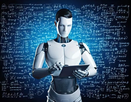 AI's Endless Pursuit of Knowledge.A humanoid robot, surrounded by complex mathematical equations and symbols, is engrossed in a tablet. This captivating image symbolizes AI's insatiable thirst for knowledge and its relentless exploration of the vast universe of information. The robot's focused gaze and the intricate patterns on the tablet hint at the depth and complexity of its intellectual pursuits.