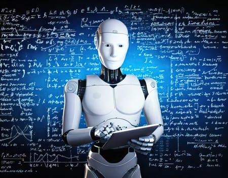 AI's Endless Pursuit of Knowledge.A humanoid robot, surrounded by complex mathematical equations and symbols, is engrossed in a tablet. This captivating image symbolizes AI's insatiable thirst for knowledge and its relentless exploration of the vast universe of information. The robot's focused gaze and the intricate patterns on the tablet hint at the depth and complexity of its intellectual pursuits.