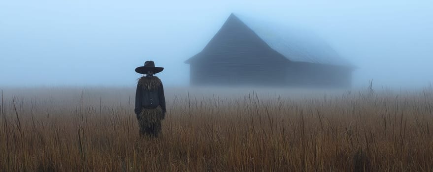 lonely scarecrow in foggy field with barn in background.