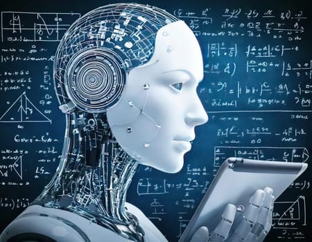 AI's Endless Pursuit of Knowledge.A humanoid robot, surrounded by complex mathematical equations and symbols, is engrossed in a tablet. This captivating image symbolizes AI's insatiable thirst for knowledge and its relentless exploration of the vast universe of information. The robot's focused gaze and the intricate patterns on the tablet hint at the depth and complexity of its intellectual pursuits.