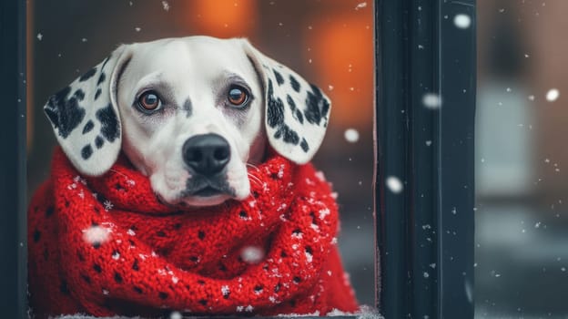 Dalmatian dog in red scarf looking out window, winter scene. Cozy and warm holiday concept.