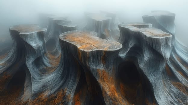 Foggy landscape of weathered tree stumps, mysterious atmosphere.