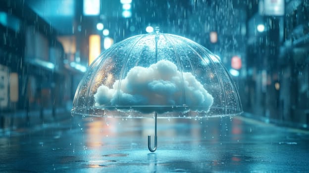 Transparent umbrella with cloud inside on rainy street, night scene. Surreal weather and urban concept.