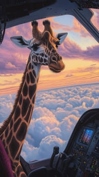 Giraffe peering into airplane cockpit above clouds at sunset, whimsical scene.