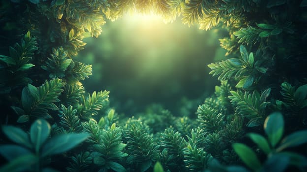 Lush green foliage with sunlit opening, enchanting natural scene. Nature and tranquility concept.