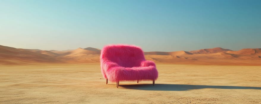 Pink furry chair in desert landscape, surreal and whimsical concept.