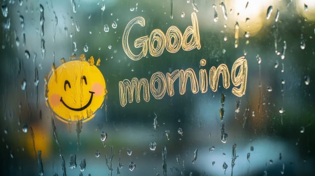 Smiley face with good morning text on dewy glass.