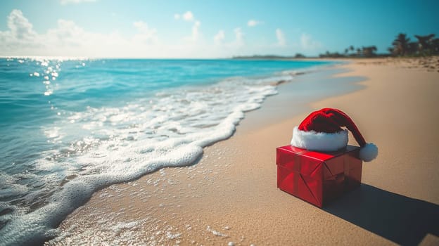 Christmas gift with Santa hat on tropical beach, holiday concept.