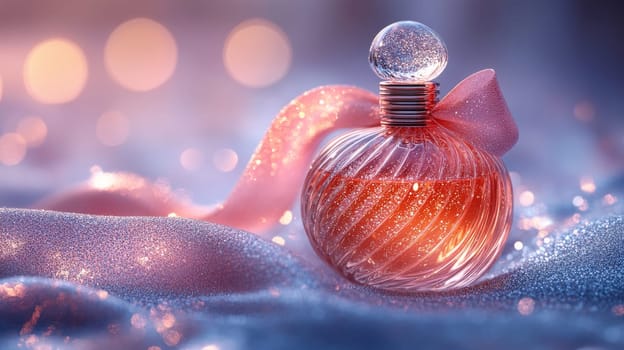 Elegant glass perfume bottle with pink ribbon on shimmering surface, luxury fragrance concept.