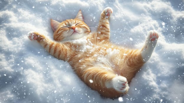 Orange cat lying in snow with playful pose, winter serenity concept.