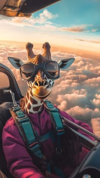 Giraffe piloting a plane above the clouds at sunset, whimsical travel imagery.
