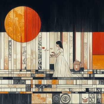 Woman in a white dress is offering food to a large red sun in an abstract geometric landscape with black, white, and orange colors