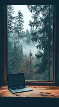 Laptop on wooden desk by window overlooking foggy forest.