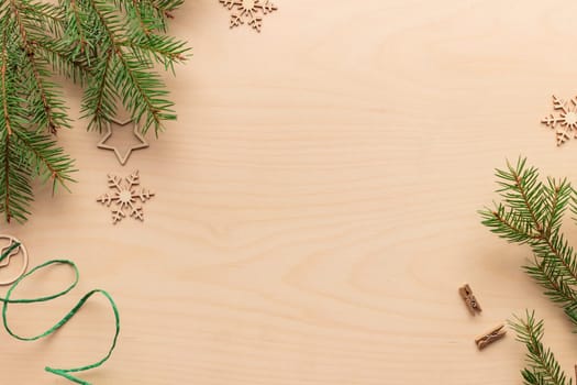 Christmas and zero waste, eco-friendly natural decoration on a wooden table, eco Christmas holiday concept, eco decor banner with copy space