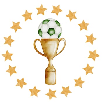 Football Watercolor. Hand drawn composition of a trophy cup, soccer ball, round frame of stars. Clip art of championship equipment on isolated white background. Ideal for posters, flyers and game posters. High quality illustration