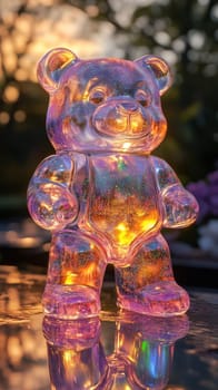 Glowing bear sculpture with sparkles at sunset, whimsical art concept.