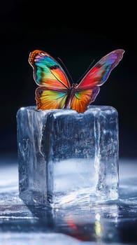 Colorful butterfly perched on ice cube against dark background. Contrast of nature and cold concept.