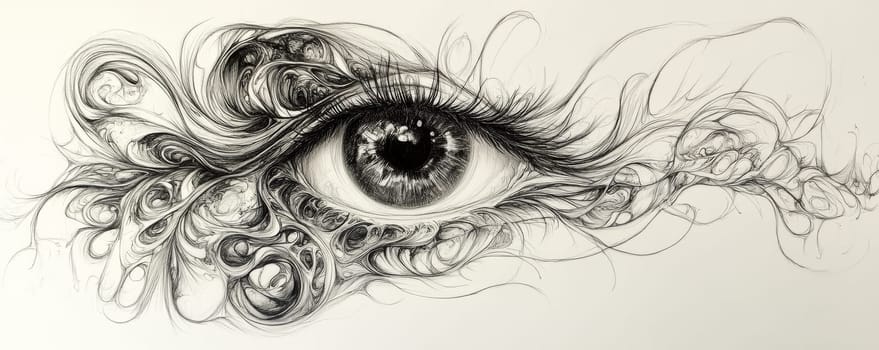 Surreal eye sketch with intricate details on white background, artistic vision concept.