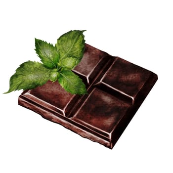 Chocolate watercolor. Hand drawn dark chocolate bar filled with mint on isolated white background. Clip art of sweet dessert. Ideal for logo and packaging of sweets, coffee shop menu and recipes. High quality illustration