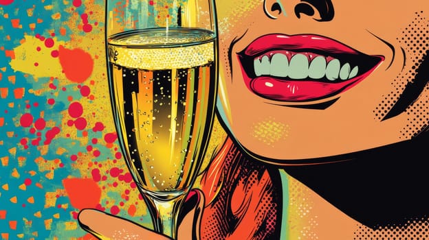 Pop art style woman smiling with champagne glass and colorful background.