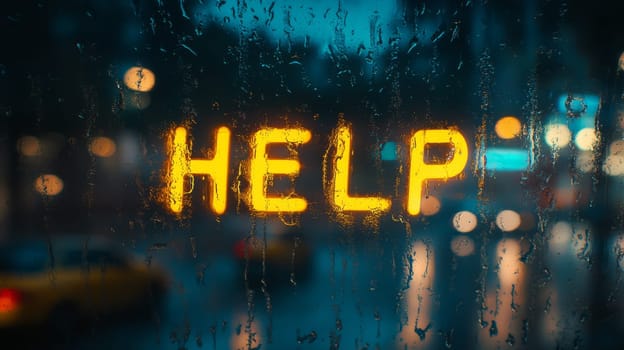 Raindrop covered window with help written in neon lights against cityscape.