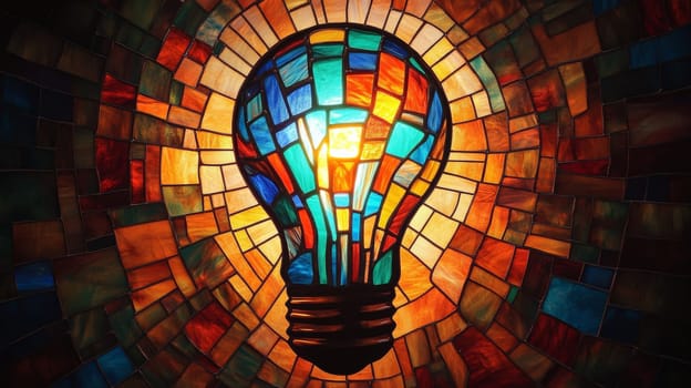 Stained glass light bulb with vivid colors in mosaic design, creativity and innovation concept.