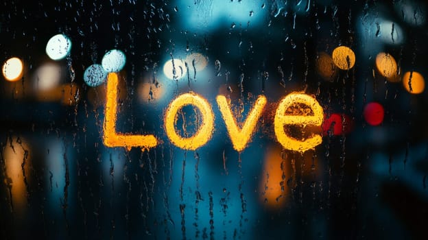 word love written on a rainy window with colorful bokeh. romantic and emotional atmosphere concept.