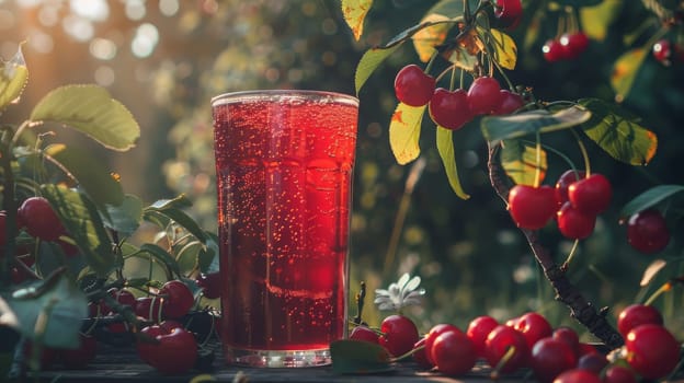 Cherry juice in a transparent glass and fresh cherries on a stone table, Generative AI, drink