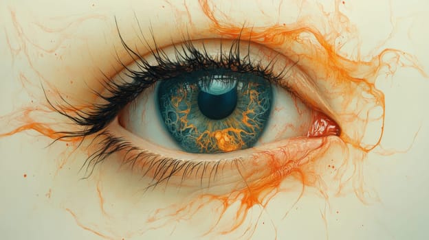 Close-up of a blue eye with orange abstract texture, surreal art concept.