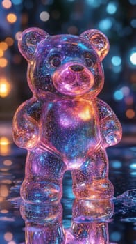Galactic gummy bear standing on reflective surface, illuminated with colorful lights. Fantasy and imagination concept.