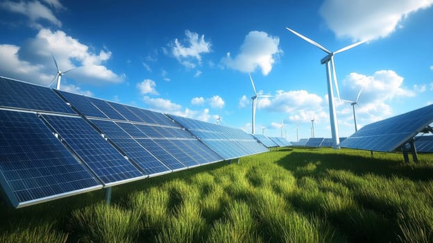solar panels and wind turbines on grassy field under blue sky, renewable energy and sustainability concept.