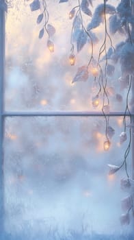 Frosty window with warm glowing lights, winter ambiance. Cozy and serene concept.