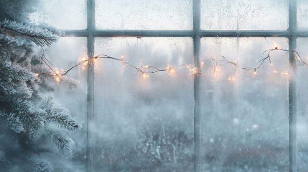Frosty window with string lights and snowy branch, winter holiday ambiance. Cozy and festive atmosphere concept.