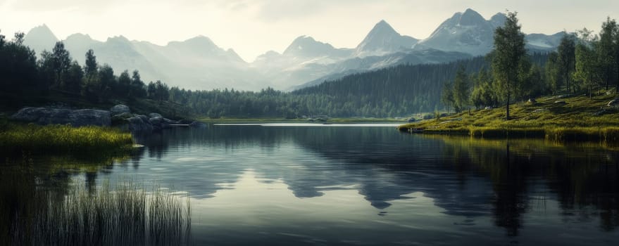 Serene mountain lake with forest and distant peaks at dawn, tranquil nature scenery concept.