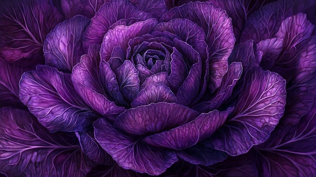 Purple cabbage close-up with intricate leaf details, botanical concept.