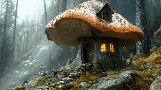 Mushroom house in enchanted forest, magical fantasy scene.
