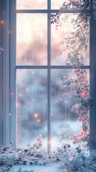 Frosty window with pink flowers and wintery view, serene winter morning concept.