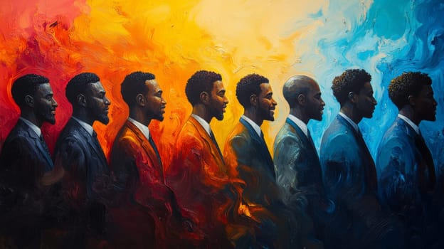 Vibrant oil painting of men in suits against colorful background, artistic expression concept.