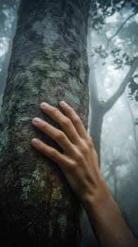 Hand touching tree trunk in misty forest, nature exploration concept.