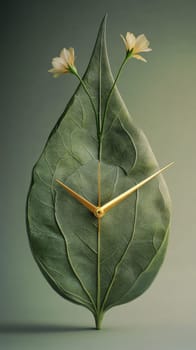 Leaf shaped clock with flowers, nature concept.