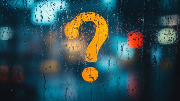 Question mark on wet glass surface, night bokeh ambiance. Mystery and curiosity concept.