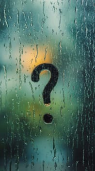 Foggy glass with question mark in raindrops, mysterious and contemplative concept.