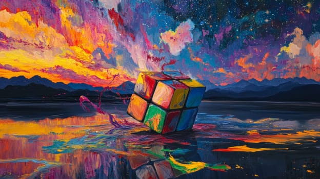 Colorful rubik's cube against surreal sunset landscape, abstract art concept.