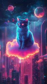 Cat floating on a neon cloud with futuristic cityscape and planets, sci-fi fantasy scene.