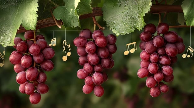 Grape clusters hanging with musical notes and dewdrops.
