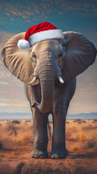 Elephant wearing santa hat in savanna at sunset.