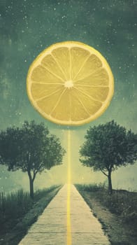 surreal landscape with lemon moon over road.