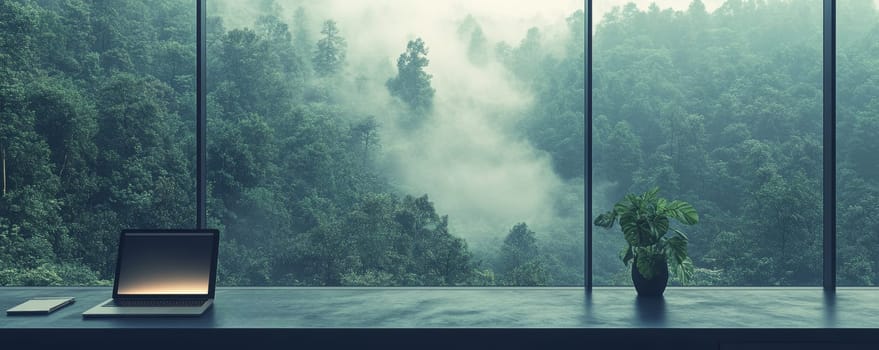 Modern workspace with laptop overlooking misty forest.